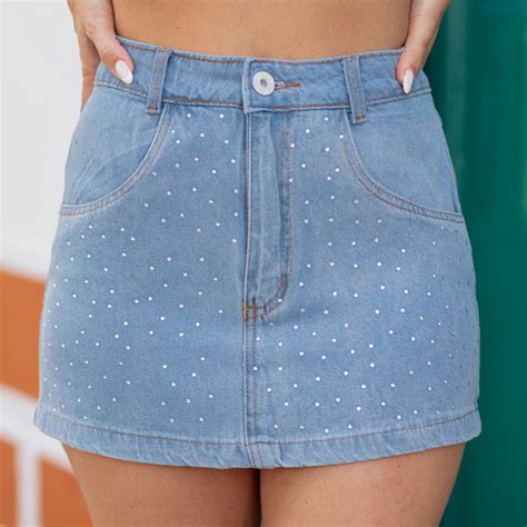 Mini Saia Jeans Cintura Alta Clara Strass Brilho Pedrinhas