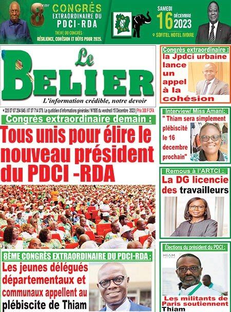 Titrologie de Le Bélier N895 du vendredi 15 décembre 2023 Abidjan