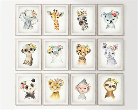 Cute Animals Print Set of 12, Watercolor ZOO Baby Animal Nursery Wall ...