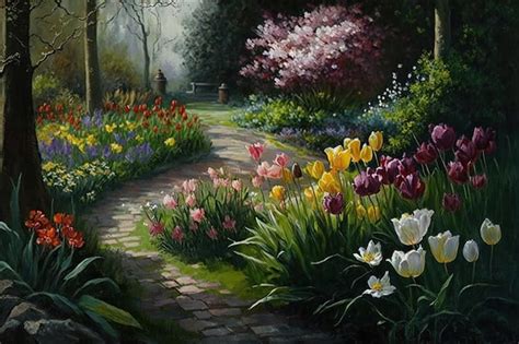 Premium AI Image | Trail in beautiful spring garden with tulips and ...