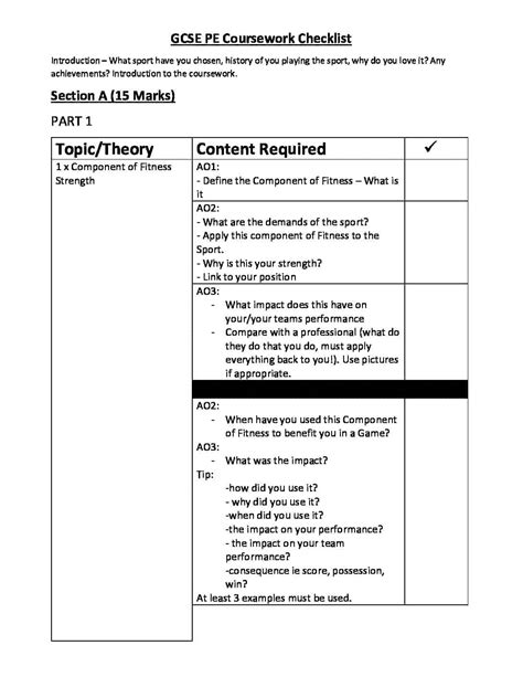 Gcse Pe Coursework Checklists For Students Pe Scholar