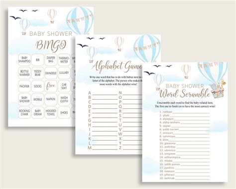 Hot Air Balloon Baby Shower Games Printable Pack Blue White Etsy