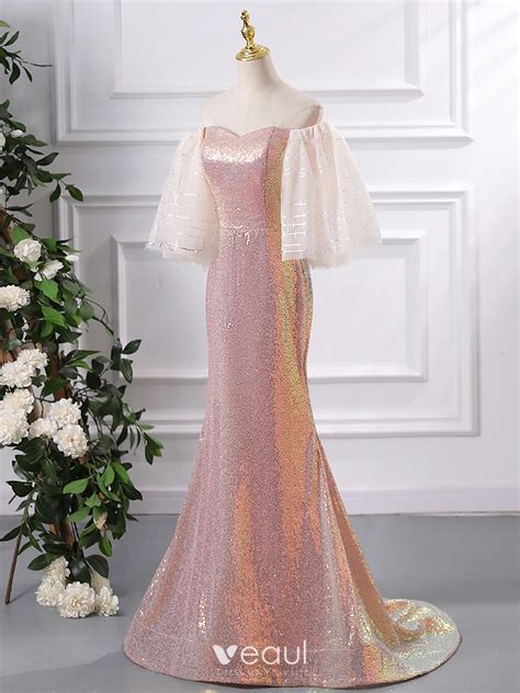 Sparkly Blushing Pink Glitter Sequins Evening Dresses Off The