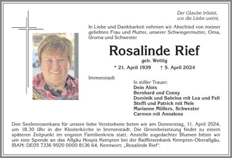 Traueranzeigen Von Rosalinde Rief Allg Uer Zeitung