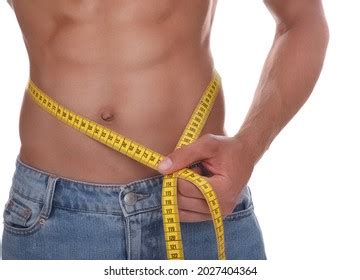 Shirtless Man Slim Body Measuring Tape Stock Photo