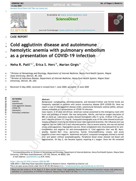 PDF Cold Agglutinin Disease And Autoimmune Hemolytic Anemia With