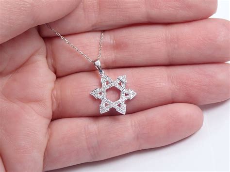 Diamond Star Of David Pendant Necklace 14K White Gold 17 Chain Jewish