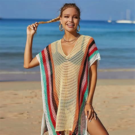 New 2024 Bikini Set Beach Cover Up Hollow Knitted Rainbow Bikini Cover