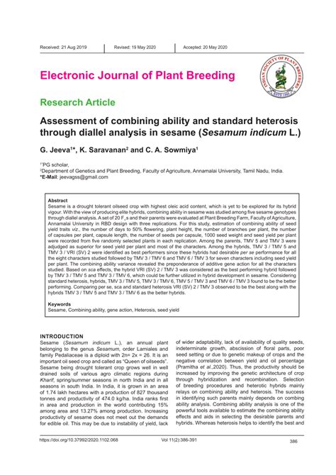 Pdf Electronic Journal Of Plant Breeding Research Article Assessment