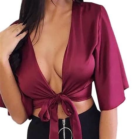 Buy Deep V Neck Sexy Knot Bow Cool Blouse Shirt Women Short Sleeve Slim Crop