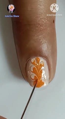 Orange On Cream Drag Marble Nail Art Design For Beginners