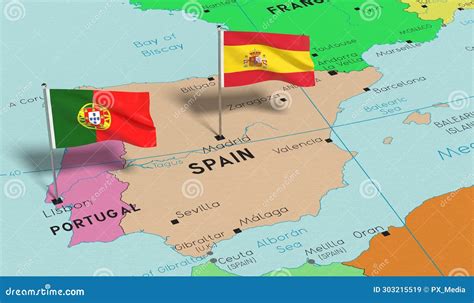 Spain and Portugal - Pin Flags on Political Map Stock Image - Image of ...