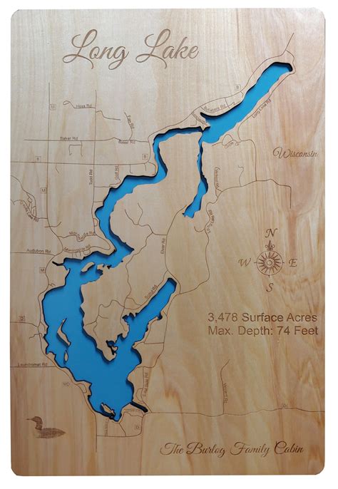 Long Lake Wisconsin Washburn County Laser Cut Wood Map Wood Map