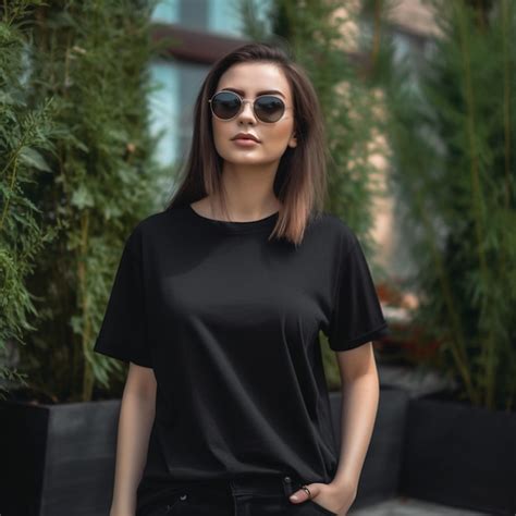 Una Mujer Con Una Camiseta Negra Y Gafas De Sol Se Para Frente A Las