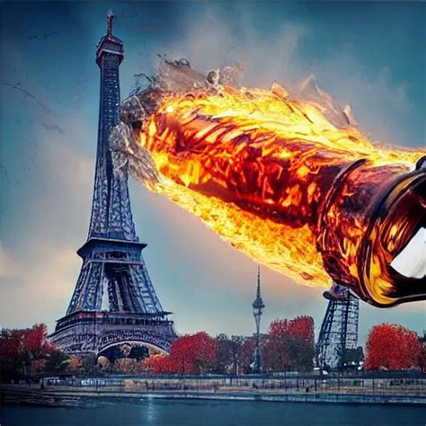 Zombie Drinking Water With Eifel Tower On Fire Photo Stable Diffusion