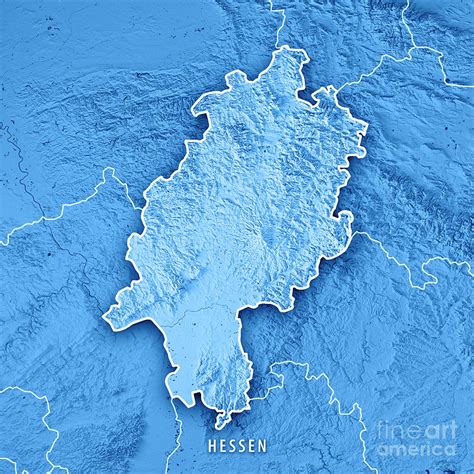 Hessen Federal State Germany 3D Render Topographic Map Blue Bord