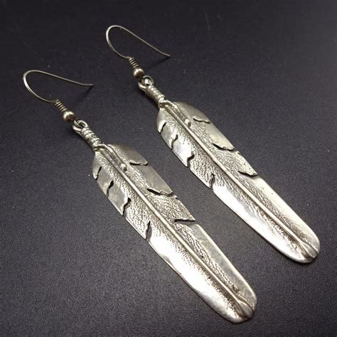 Vintage NAVAJO Cast Sterling Silver EARRINGS Long Dangle FEATHERS