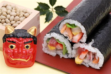 Japanese Setsubun Event, Masks of Demon and Sushi Stock Photo - Image ...