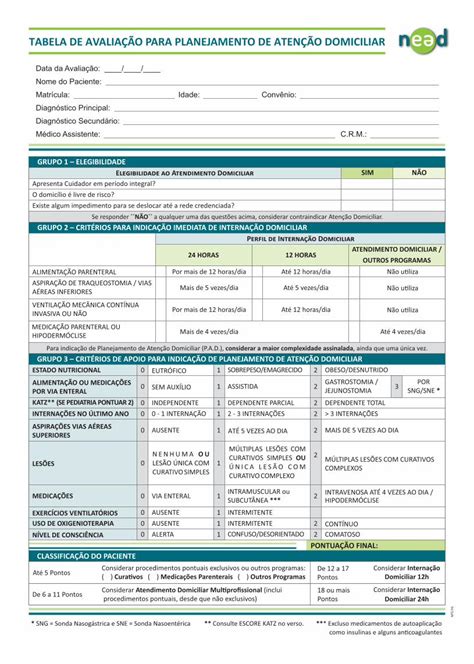 PDF TABELA DE AVALIAÇÃO PARA PLANEJAMENTO DE conexaohomecare wp