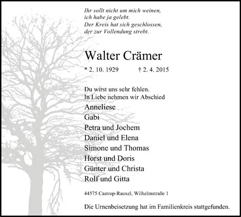 Traueranzeigen von Walter Crämer Trauer in NRW de