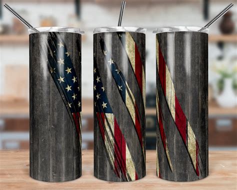 Digital File Ripped Wooden American Flag Skinny Tumbler Sublimation