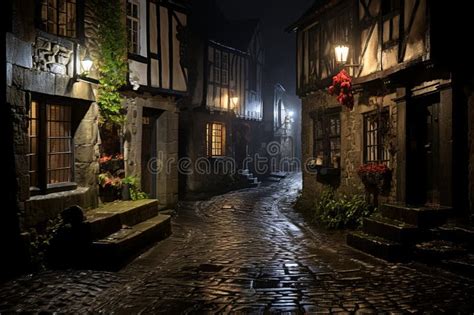 A Cobblestone Street at Night Stock Illustration - Illustration of home ...