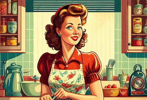 Ama de casa atractiva en la cocina ilustración de vida retro de los