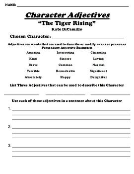 The Tiger Rising Kate DiCamillo CHARACTER ADJECTIVE WORKSHEET TPT