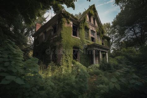 An Abandoned House Surrounded By Overgrown Brush And Foliage Stock