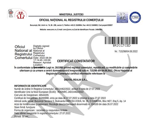 Certificat Constatator de Bază emis de ONRC cu semnătură electronică