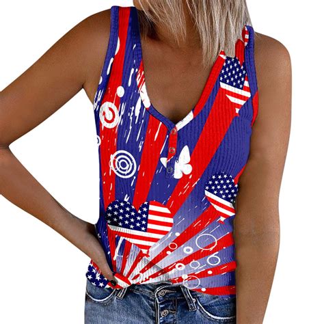 Vbarhmqrt Tank Tops For Women 2024 Ribbed Independence Day Print Sleeveless Top Casual Knit