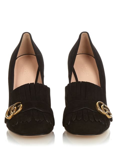 Gucci Marmont Fringed Suede Block Heel Pumps In Black Lyst