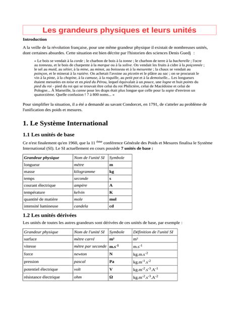 Les Grandeurs Physiques Et Leurs Unit S