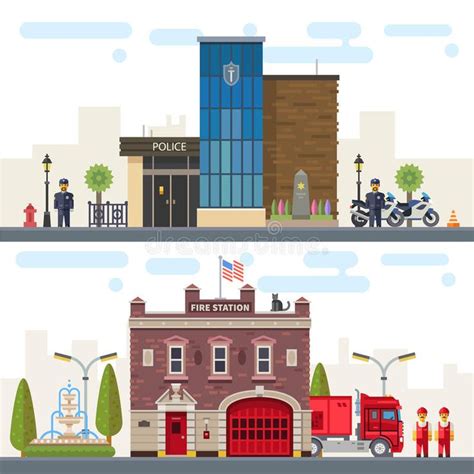 Fire Department And Police Station In Flat Style