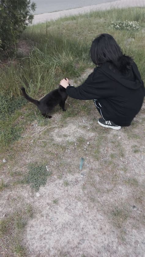 A Woman Kneeling Down Next To A Black Cat On Top Of A Grass Covered Field