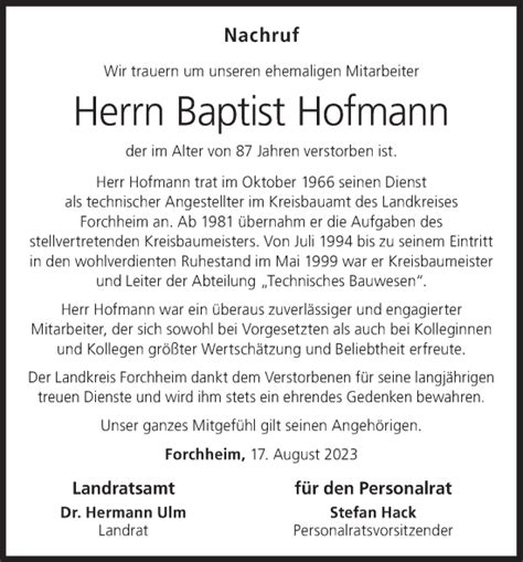 Baptist Hofmann Traueranzeige Trauer Infranken De