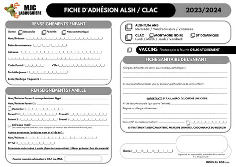 MJC Fiche Inscription ALSH CLAC 2023 2024 Pdf DocDroid