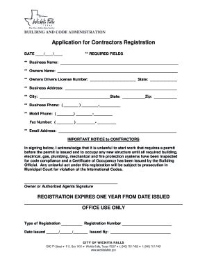 Fillable Online Application For Contractors Registration Fax Email