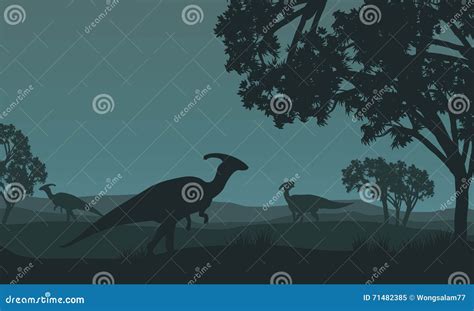 Parasaurolophus In Fields Scnery Silhouette Vector Illustration