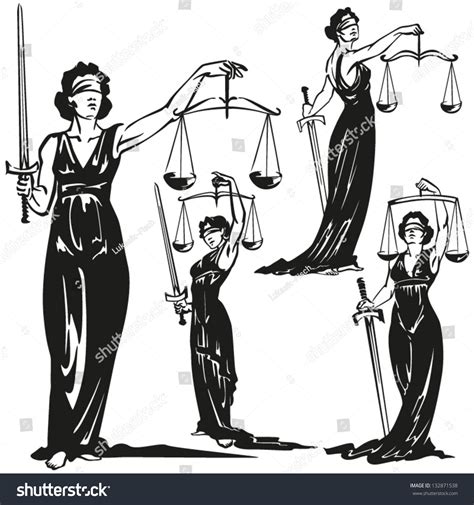 Lady Justice Four Brushdrawing Based Illustrations Stock Vector