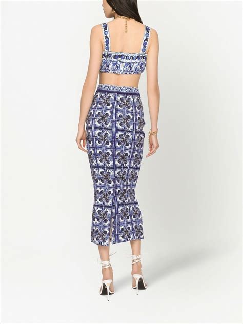 Dolce And Gabbana Majolica Print Pencil Skirt Blue Farfetch