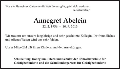 Traueranzeigen Von Annegret Abelein Zeit Des Gedenkens De