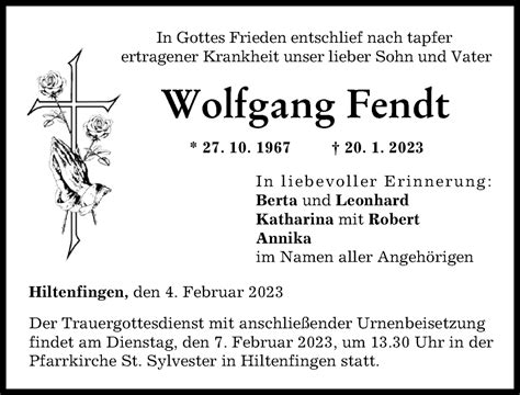 Traueranzeigen Von Wolfgang Fendt Augsburger Allgemeine Zeitung