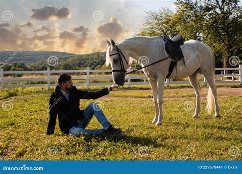 Man Is Sitting On The Grass And Feeding A Horse Stock Image Image Of