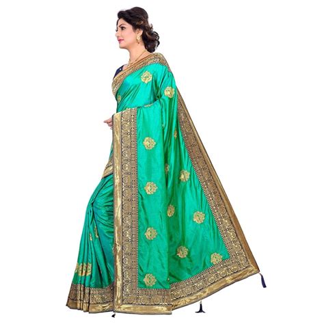 Party Wear Turquoise Embroidered Mysore Silk Sarees 5 5 M Separate