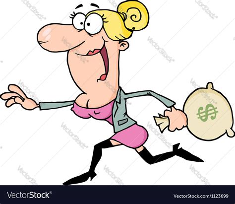 Happy Blond Woman Running With A Money Bag Vector Image