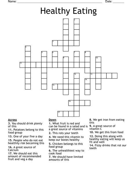 Healthy Eating Crossword Puzzle Printables