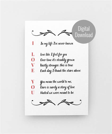 Acrostic I Love You Poem Printable Card, Love Poems for Her and Him, Short Love Poem Cards ...