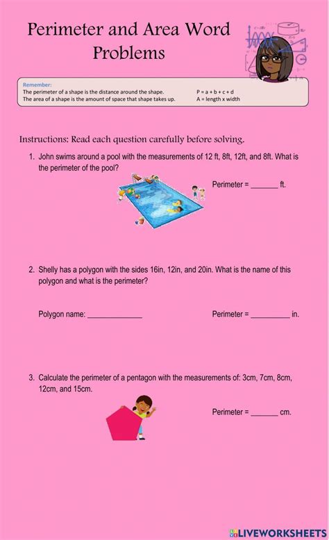 Perimeter And Area Word Problems Worksheet Live Worksheets