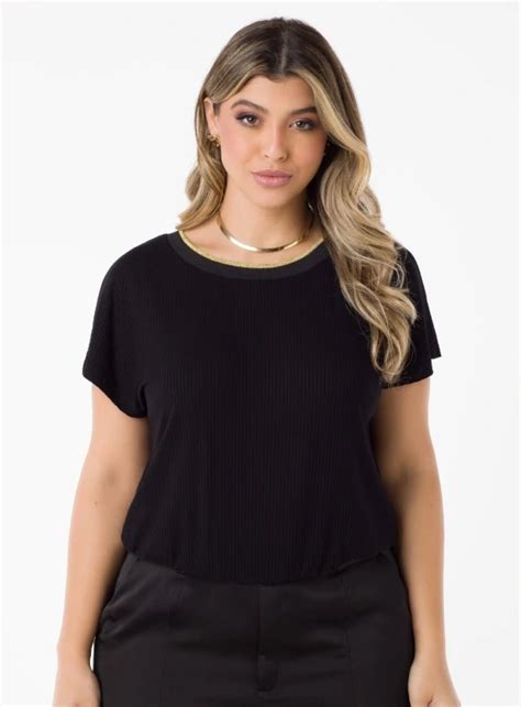 Blusa Plus Size Gola Retil Nea Brilhante Em Malha Canelada Best Size